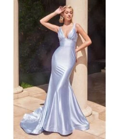Cinderella Divine Light Blue Glitter Satin Plunging Mermaid Gown