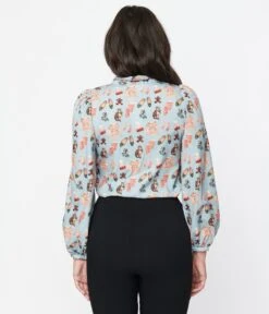 Light Blue Holiday Party Print Satin Bow Blouse -New Dress Store light blue holiday party print satin bow blouse 821555