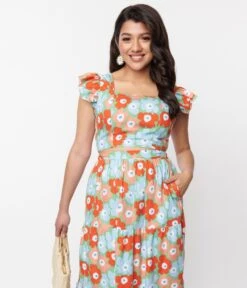 Light Blue & Red Floral Smocked Crop Top -New Dress Store light blue red floral smocked crop top 252606