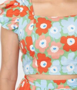Light Blue & Red Floral Smocked Crop Top -New Dress Store light blue red floral smocked crop top 550035