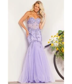 Jovani Lilac Embroidered Sequin Corset Mermaid Evening Gown