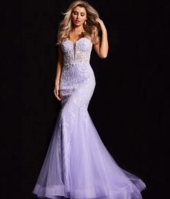 Jovani Lilac Floral Embroidered Corset Mermaid Evening Gown