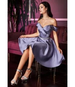 Cinderella Divine Lilac Satin Flare Prom Dress
