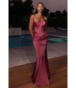 Cinderella Divine Lipstick Satin Pleated Strapless Corset Evening Gown