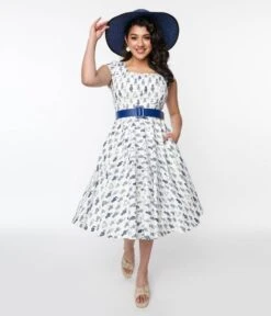Magnolia Place Ivory & Navy Cat Anna Swing Dress