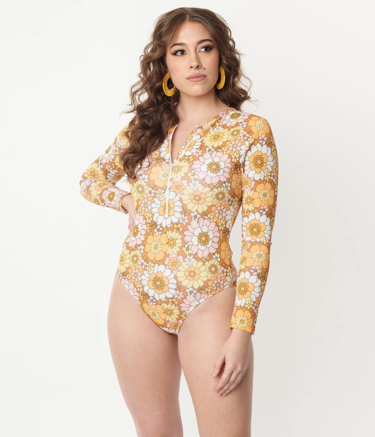 Magnolia Place Mustard Floral Print Long Sleeve Swimsuit 4 Magnolia Place Mustard Floral Print Long Sleeve Swimsuit - Image 4