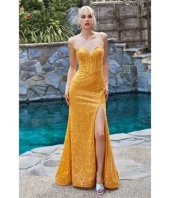 Cinderella Divine Marigold Sequin Fitted Corset Prom Dress