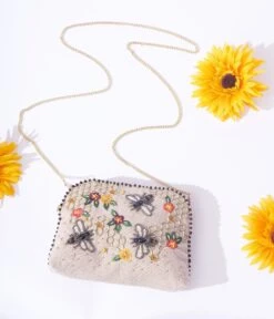 Mary Frances Tan Bee & Floral Beaded Crossbody Bag