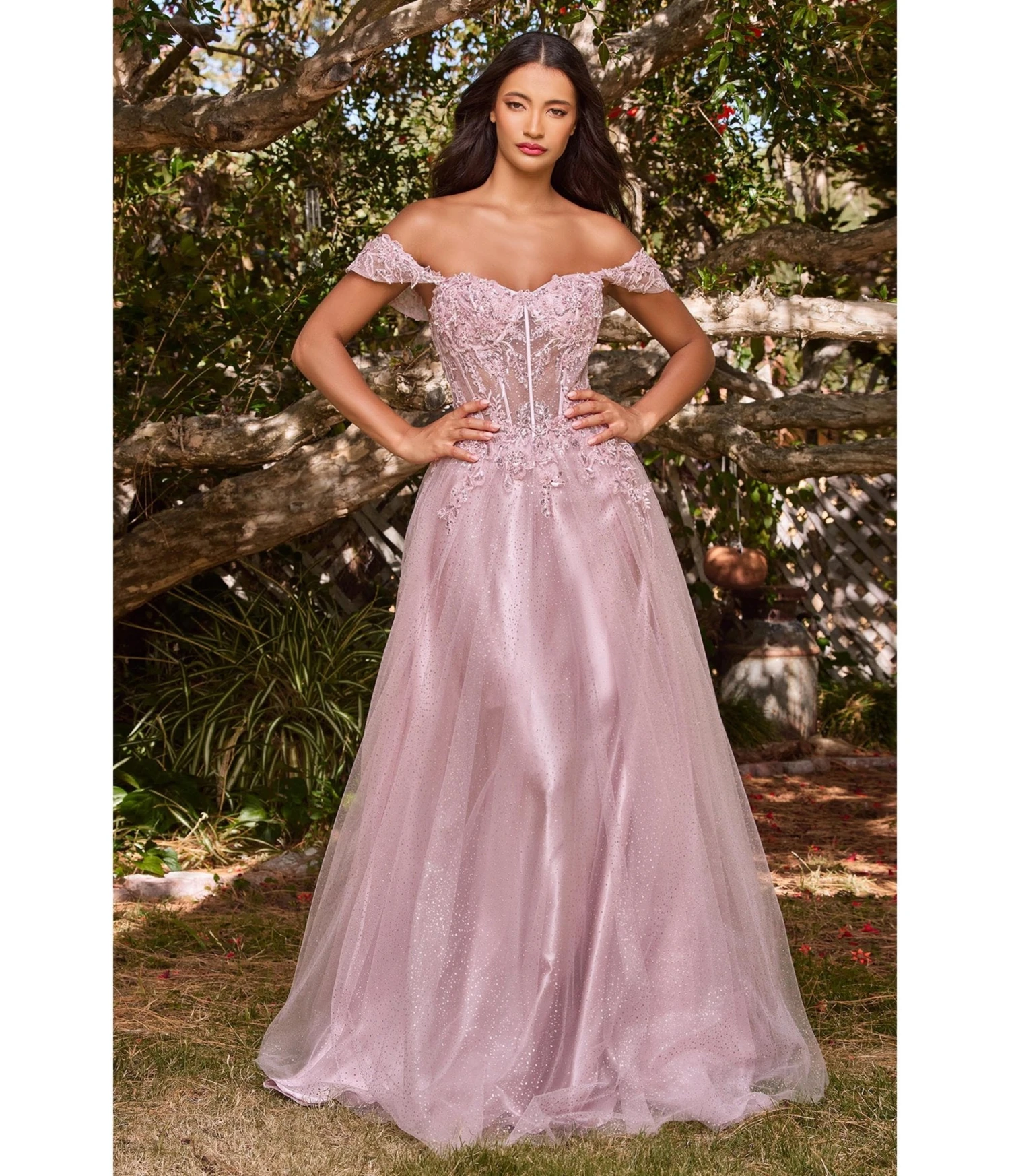 Cinderella Divine Mauve Glitter Lace & Tulle Embellished Off The Shoulder Prom Gown 1 Cinderella Divine Mauve Glitter Lace & Tulle Embellished Off The Shoulder Prom Gown
