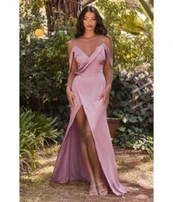 Cinderella Divine Mauve Satin Draped Cowl Back Bridesmaid Dress