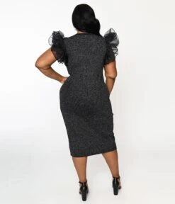 Metallic Black Ruffle Sleeved Knit Midi Wiggle Dress 5 Metallic Black Ruffle Sleeved Knit Midi Wiggle Dress -New Dress Store metallic black ruffle sleeved knit midi wiggle dress 739643