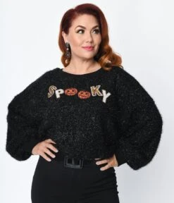 Metallic Black Spooky Patch Oversized Crop Knit Sweater -New Dress Store metallic black spooky patch oversized crop knit sweater 720981