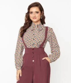 Multicolor Check Long Sleeve Bow Blouse