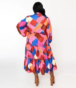Multicolor Geometric Tiered Maxi Shirt Dress -New Dress Store multicolor geometric tiered maxi shirt dress 358054