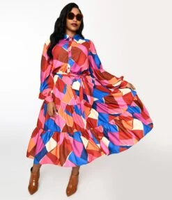 Multicolor Geometric Tiered Maxi Shirt Dress
