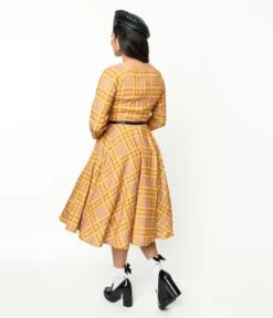 Mustard Yellow Plaid Kacee Swing Dress -New Dress Store mustard yellow plaid kacee swing dress 918098