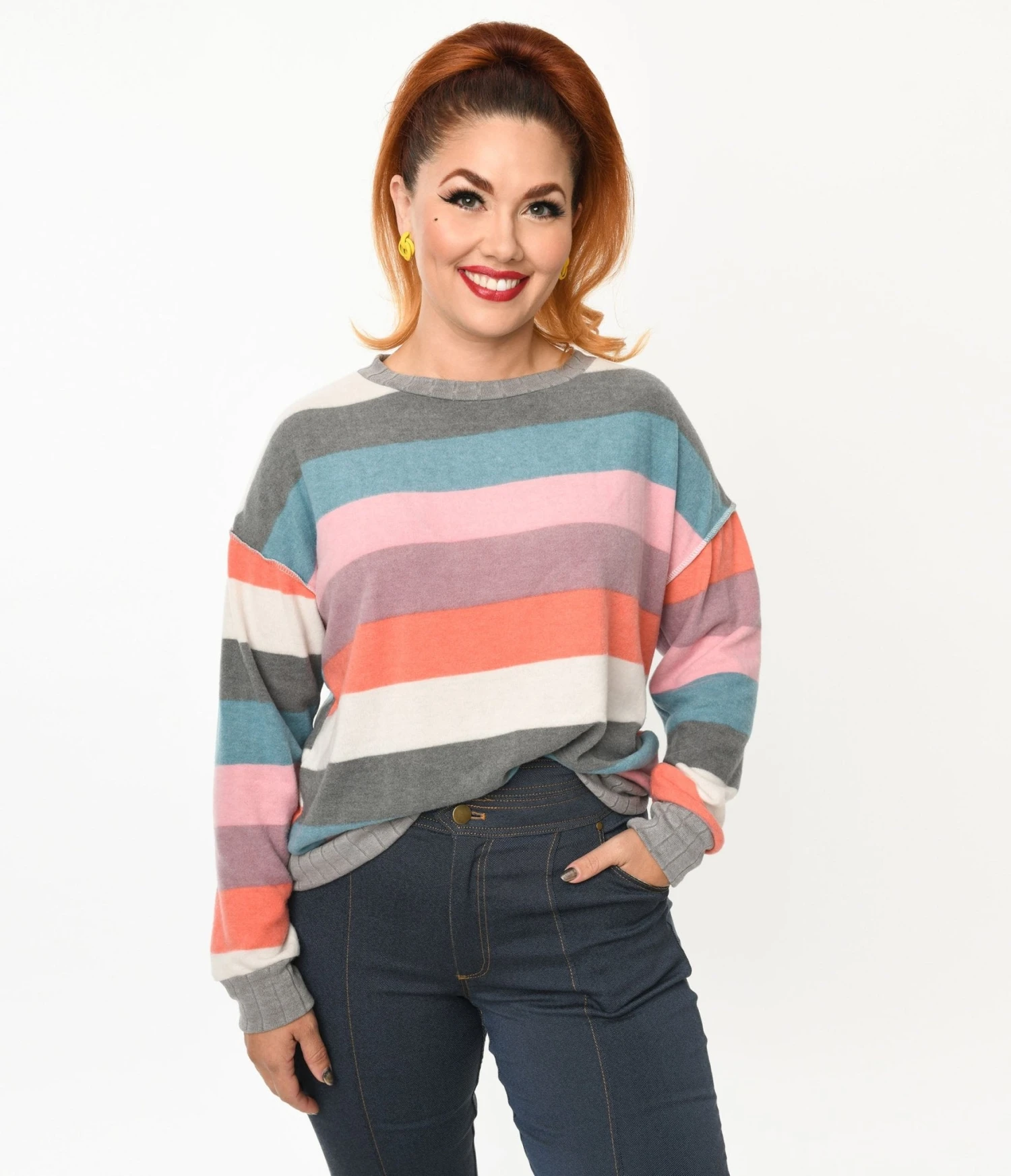 Muted Multicolor Striped Hacci Knit Sweater 1 Muted Multicolor Striped Hacci Knit Sweater