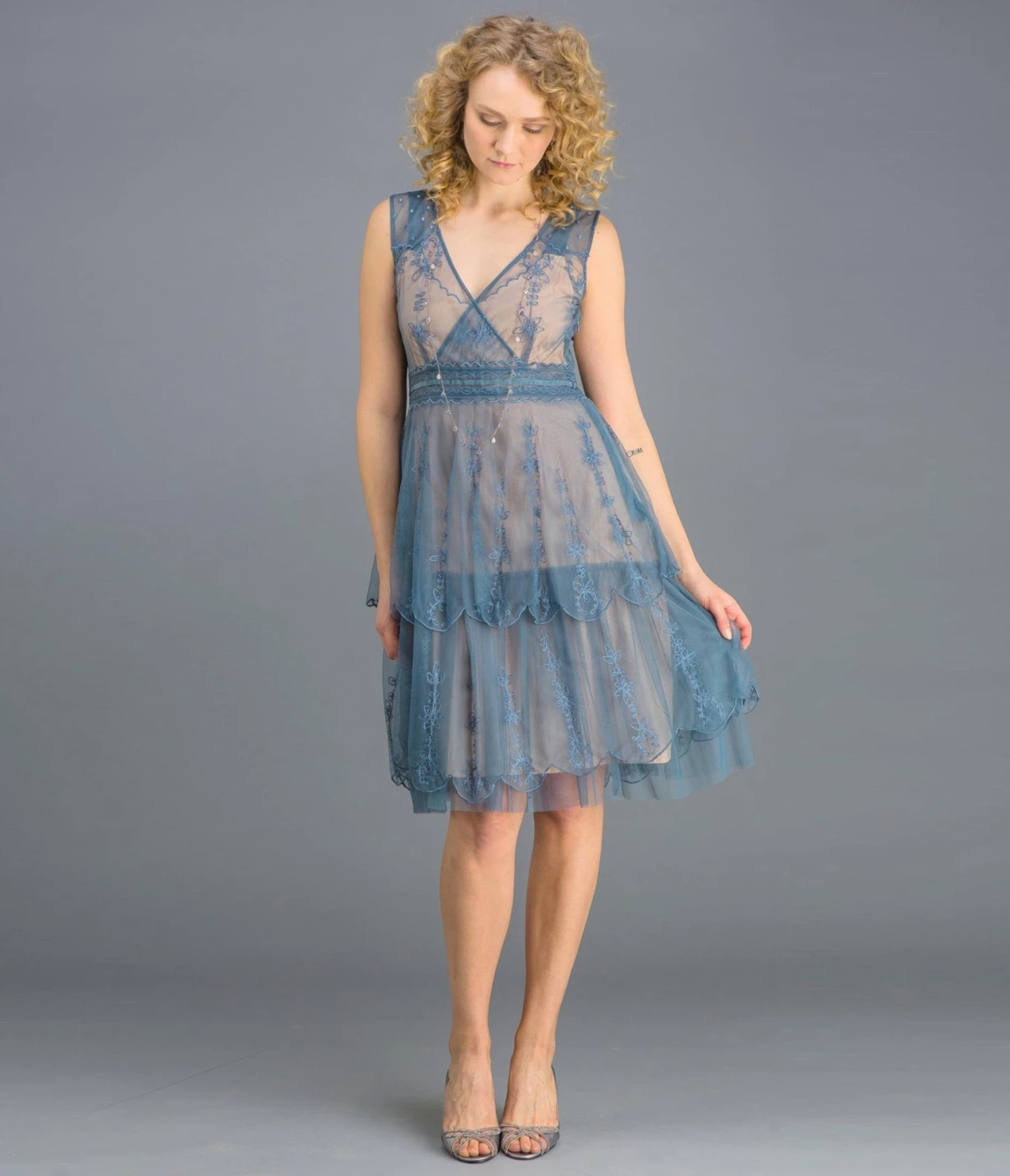 Nataya 1920s Style Sapphire & Nude Flapper Dress 2 Nataya 1920s Style Sapphire & Nude Flapper Dress - Image 2
