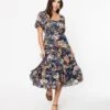 Navy Blue Floral Puff Sleeve Midi Dress