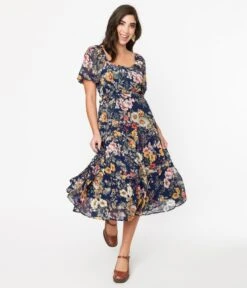 Navy Blue Floral Puff Sleeve Midi Dress
