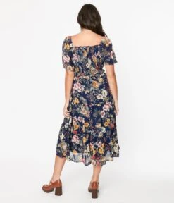 Navy Blue Floral Puff Sleeve Midi Dress -New Dress Store navy blue floral puff sleeve midi dress 212715