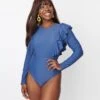 Navy Blue Ruffled Long Sleeve One Piece Swimsuit