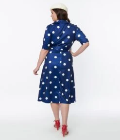 Navy Blue & White Polka Dot Satin Swing Dress -New Dress Store navy blue white polka dot satin swing dress 313334