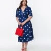 Navy Blue & White Polka Dot Satin Swing Dress