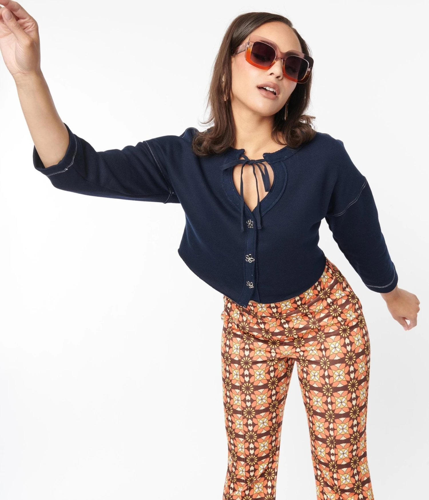 Navy Floral Button Cropped Petunia Cardigan 5 Navy Floral Button Cropped Petunia Cardigan - Image 5