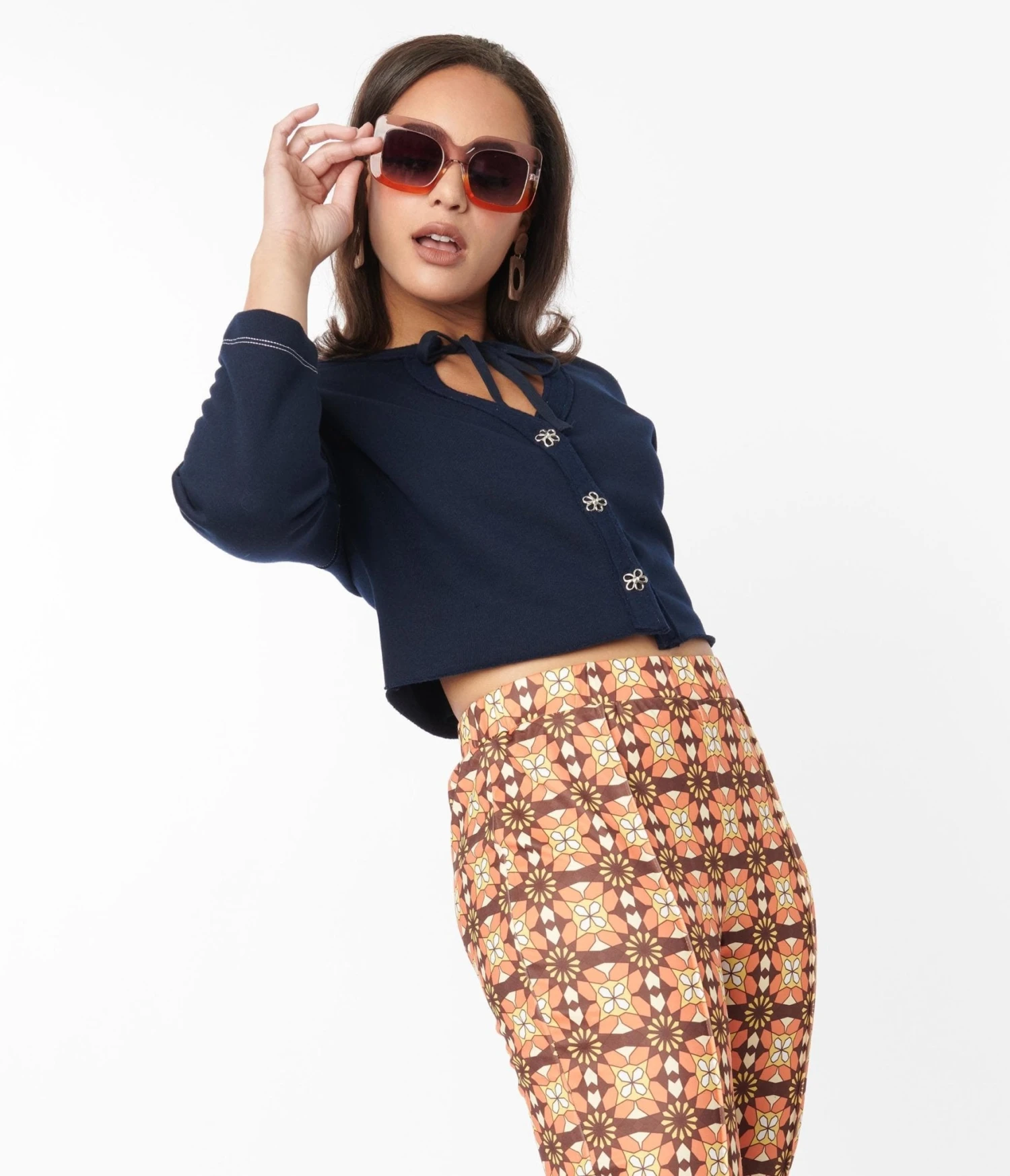 Navy Floral Button Cropped Petunia Cardigan 4 Navy Floral Button Cropped Petunia Cardigan - Image 4