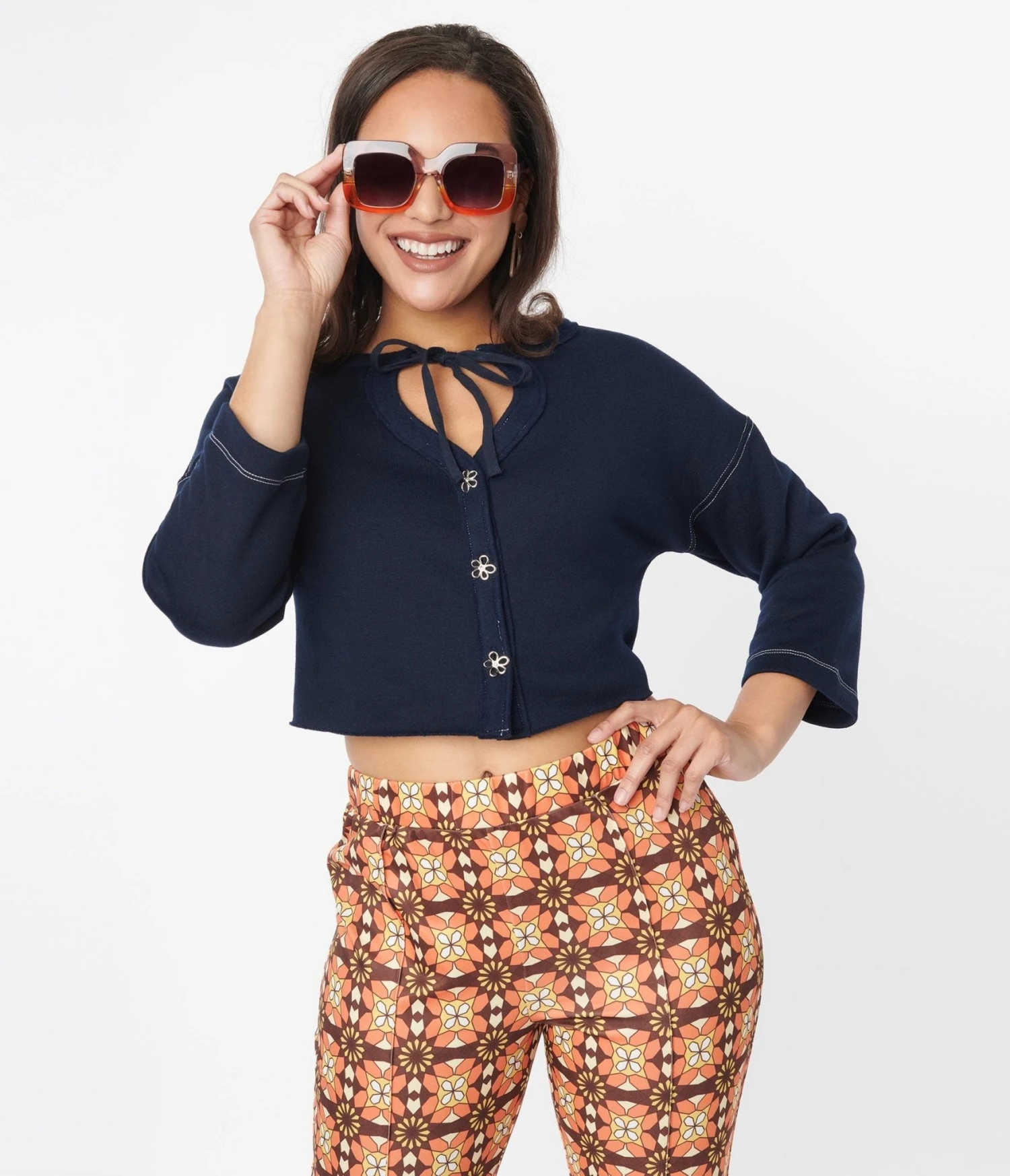 Navy Floral Button Cropped Petunia Cardigan 1 Navy Floral Button Cropped Petunia Cardigan