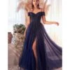 Cinderella Divine Navy Glitter Tulle Off The Shoulder Applique Slit Gown