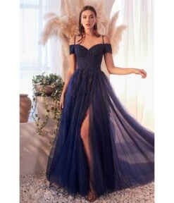 Cinderella Divine Navy Glitter Tulle Off The Shoulder Applique Slit Gown