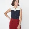 Navy & Ivory Pin Dot Bow Top