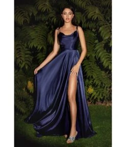 Cinderella Divine Navy Liquid Satin Prom Gown
