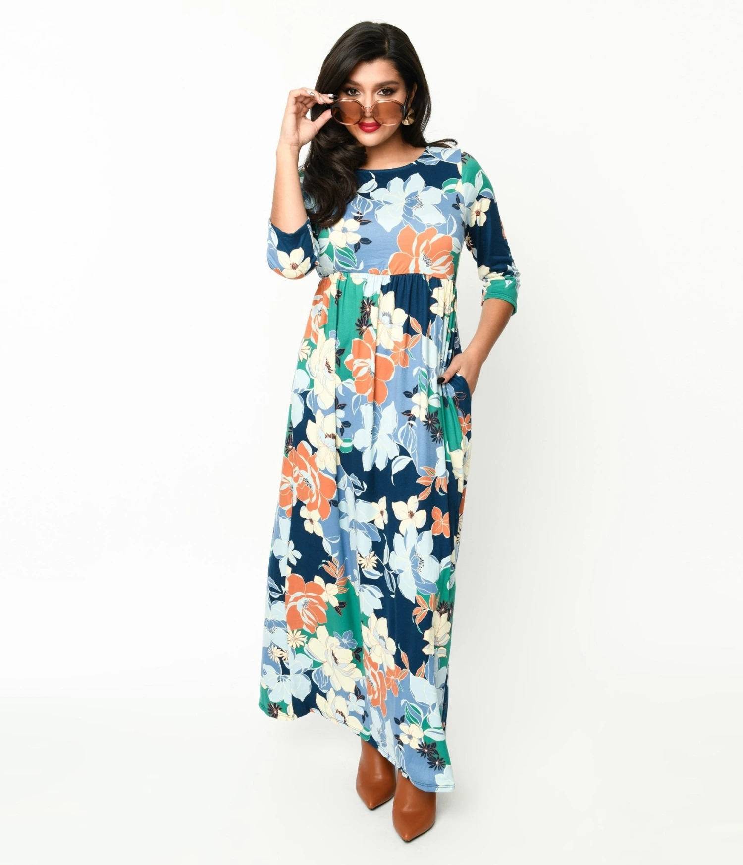 Navy & Multicolor Floral Knit Maxi Dress 1 Navy & Multicolor Floral Knit Maxi Dress