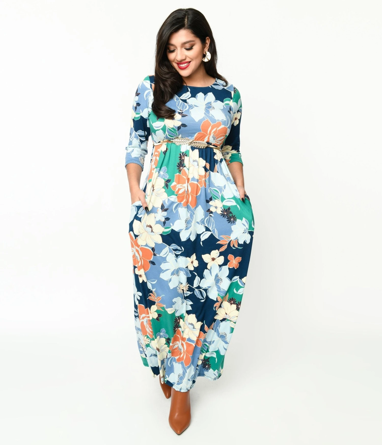 Navy & Multicolor Floral Knit Maxi Dress 2 Navy & Multicolor Floral Knit Maxi Dress - Image 2