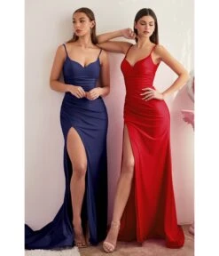 Cinderella Divine Navy Ruched Satin Slit Prom Gown