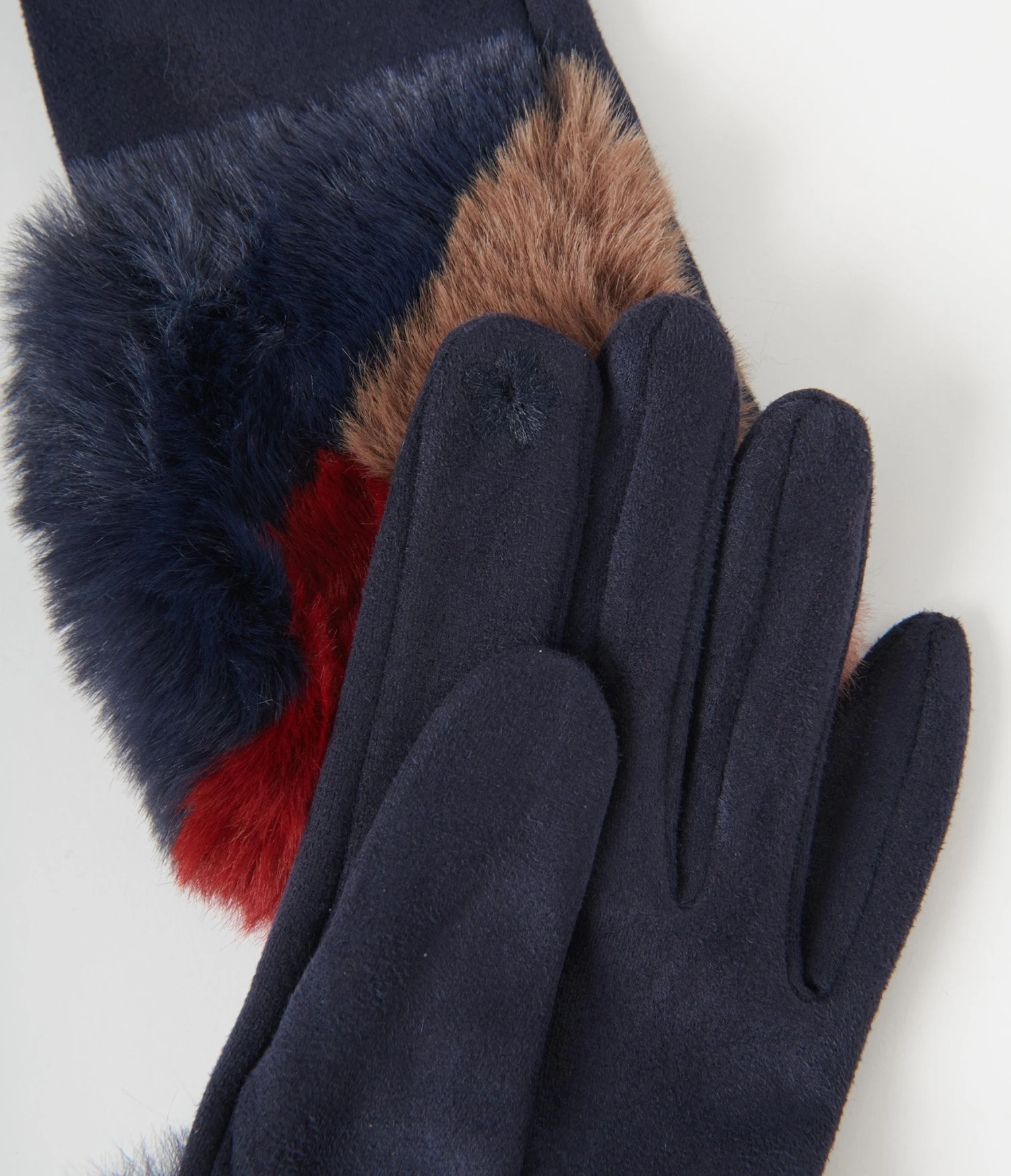 Navy Suede & Burgundy Faux Fur Trim Gloves 2 Navy Suede & Burgundy Faux Fur Trim Gloves - Image 2