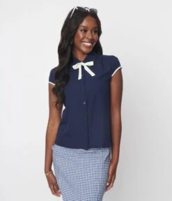 Navy & White Bow Button Down Blouse -New Dress Store navy white bow button down blouse 633712