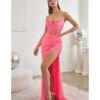 Cinderella Divine Neon Pink Satin Beaded Draped Corset Prom Dress