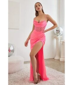 Cinderella Divine Neon Pink Satin Beaded Draped Corset Prom Dress