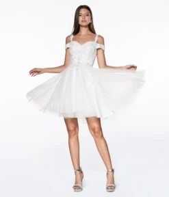 Cinderella Divine Off White Glitter Tulle Cold Shoulder Homecoming Dress