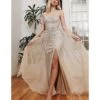 Cinderella Divine Old Hollywood Champagne Beaded Fitted Bridesmaid Gown