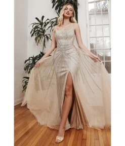 Cinderella Divine Old Hollywood Champagne Beaded Fitted Bridesmaid Gown