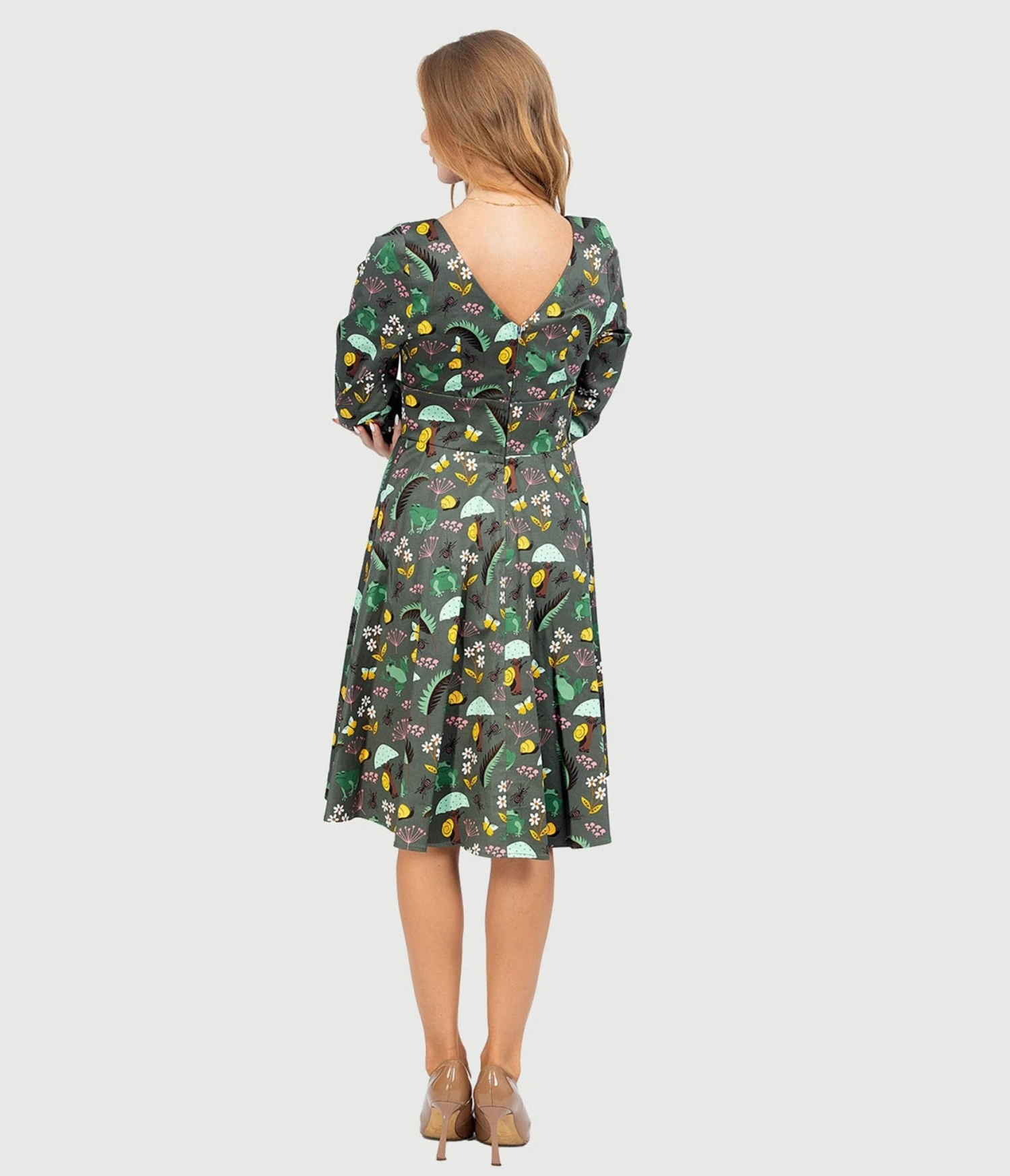 Olive Green & Rain Forest Print Fit & Flare Dress 3 Olive Green & Rain Forest Print Fit & Flare Dress - Image 3