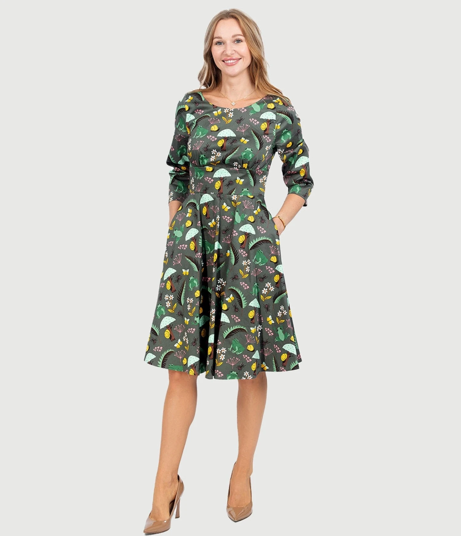 Olive Green & Rain Forest Print Fit & Flare Dress 1 Olive Green & Rain Forest Print Fit & Flare Dress