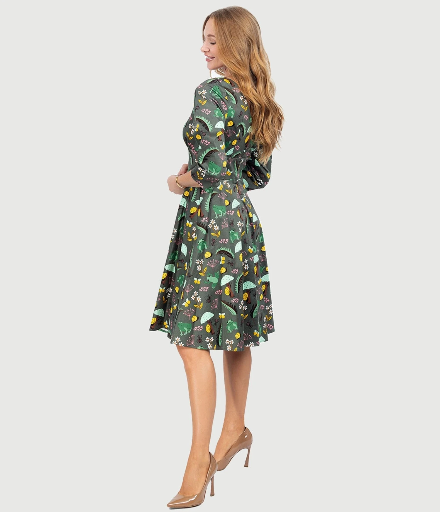 Olive Green & Rain Forest Print Fit & Flare Dress 2 Olive Green & Rain Forest Print Fit & Flare Dress - Image 2