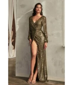 Cinderella Divine Olive Sequin Long Sleeve Slit Evening Gown