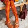 Orange Interlocking Plaid Knee High Socks